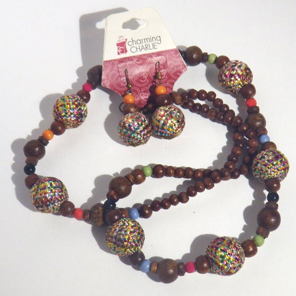 SALE! Charming Charlie Boho Necklace/Earring Set Wood & Silk Wrapped Beads 17"